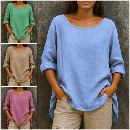 🦋🦋【S-3XL】Volné, módní tričko s kulatým výstřihem z bavlny a lnu v retro stylu pro větší velikosti