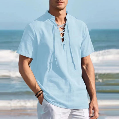 🏄‍♂️👔【Sleva 50 % 🔥】【S–3XL】Pánské Henley tričko z bavlny a lnu, ve větších velikostech, s výstřihem do V a dekorativní šňůrkou