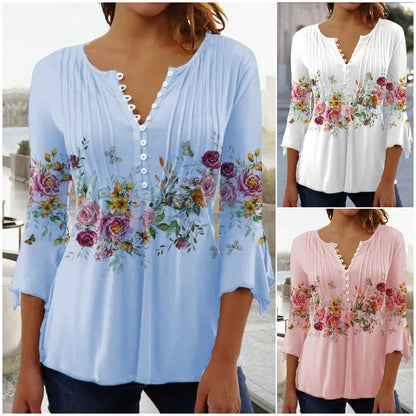 🌸✨【S-5XL】🌺Top con cuello en V y mangas florales, estilo delicado y romántico