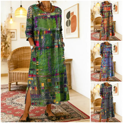 ✨ Zadnji dan 50% popusta!【S-5XL】Poletna retro obleka z okroglim izrezom in potiskom, lahka in zračna, oprijeta in enostavna za kombiniranje.