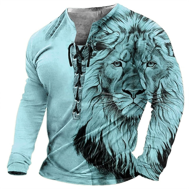 🦁🦁🦁Męski, swobodny T-shirt z długim rękawem i nadrukiem 3D