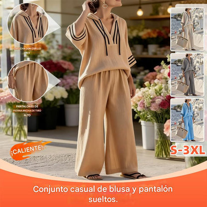 👚👖【S-5XL】【Top + Pantalones】Nuevo conjunto casual de dos piezas: top con capucha de manga tres cuartos + pantalones de pierna ancha✨【40-120 kg】