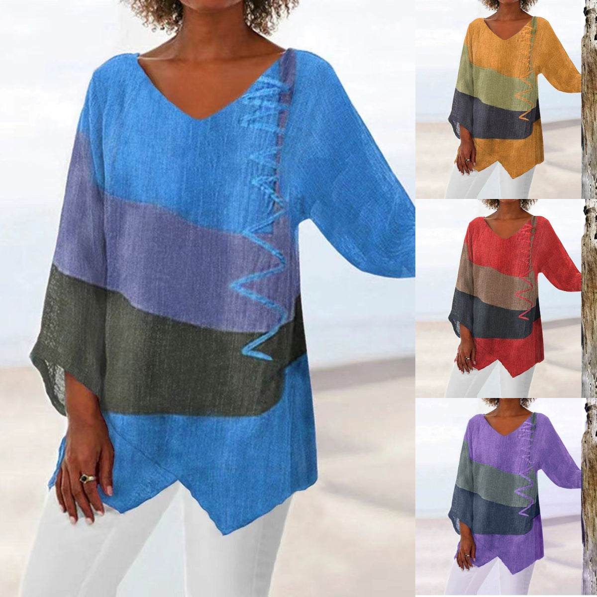 ⏳ Τελευταία μέρα - 50% έκπτωση 😍【S~5XL】Γυναικείο κομψό casual τοπ με V ντεκολτέ και μακριά μανίκια, καλλιτεχνικό σχέδιο και τύπωμα