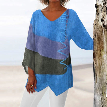 ⏳ Último día - 50% de descuento 😍【S~5XL】Elegante top casual para mujer con cuello en V y mangas largas, estampado artístico