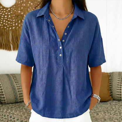 ⏳ Poslední den, sleva 50 %! ✨【S-3XL】Dámská bavlněná a lněná košile s krátkým rukávem, úzký střih, všestranná, prodyšná, pohodlná a bezstarostná.