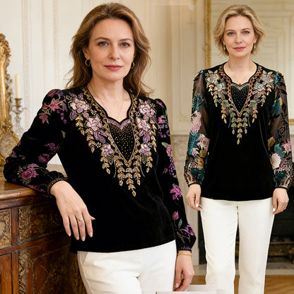 Camisa con estampado artístico de estilo retro y detalles bordados — Pago contra entrega