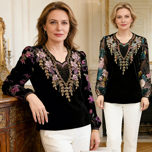 Camisa con estampado artístico de estilo retro y detalles bordados — Pago contra entrega