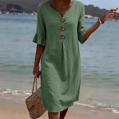 🏖️👗【S-3XL】Ženska obleka iz bombaža in lana z napihnjenimi rokavi in gumbi