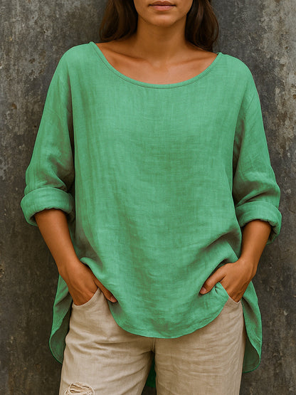 Pago contra reembolso 🦋🦋【S-3XL】Camiseta holgada y moderna de algodón y lino, con cuello redondo y estilo retro, para mujeres de tallas grandes.