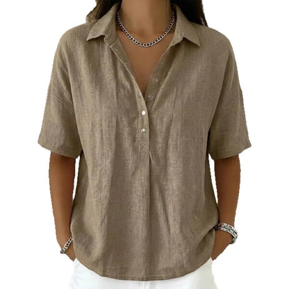 ⏳ Poslední den, sleva 50 %! ✨【S-3XL】Dámská bavlněná a lněná košile s krátkým rukávem, úzký střih, všestranná, prodyšná, pohodlná a bezstarostná.