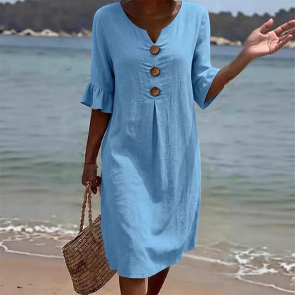 🏖️👗【S-3XL】Ženska obleka iz bombaža in lana z napihnjenimi rokavi in gumbi