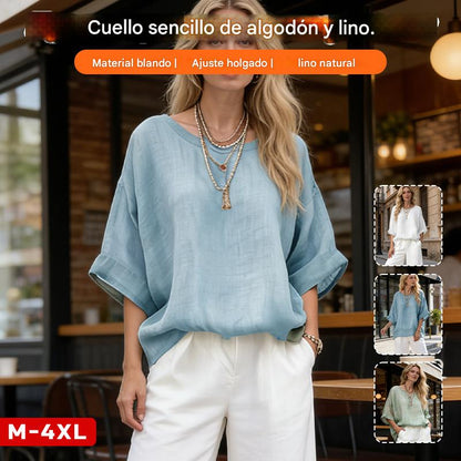 🔥🌸【50-110 kg】Camisa de cuello redondo de color liso, holgada, tallas grandes ✅️Pago contra entrega