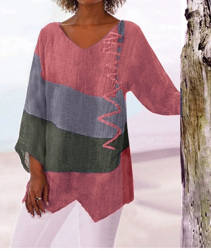 ⏳ Zadnji dan – 50% popust 😍【S~5XL】Ženski eleganten casual top: V-izrez, dolgi rokavi, umetniški vzorec
