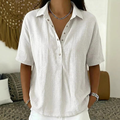 ⏳ Poslední den, sleva 50 %! ✨【S-3XL】Dámská bavlněná a lněná košile s krátkým rukávem, úzký střih, všestranná, prodyšná, pohodlná a bezstarostná.