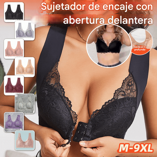 💖Precio más bajo por tiempo limitado【Conjunto de 5 piezas】【40-100KG】😍🩲Sujetador con efecto lifting y precioso encaje en la espalda, talla grande, con corte push-up y cierre frontal