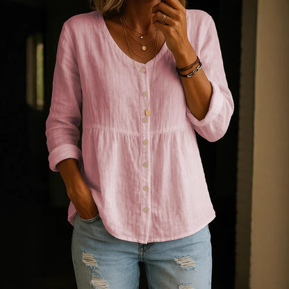 【S-3XL】Camisa de mujer de mezcla de lino y algodón con cuello en V