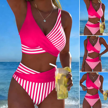 🩱【S-3XL】Bikini de dos piezas con bloques de color y estampado de rayas – Pago contra entrega
