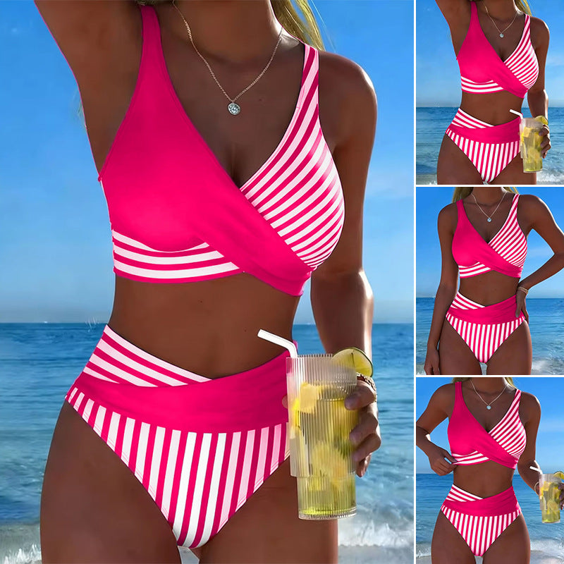 🩱🤩【40-100kg】🌟Μπικίνι δύο τεμαχίων με χρωματιστές λεπτομέρειες - ριγέ σχέδιο