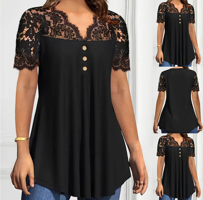 🔥【S-2XL】💖🎁Nueva blusa de encaje con cuello en V y mangas cortas para primavera/verano 2026