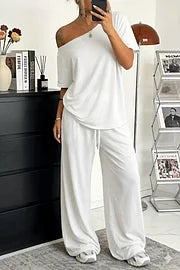 【S-5XL】Set 2026 Elegantní tričko s krátkým rukávem, odhalenými rameny + volné kalhoty se stahovací šňůrkou a široké boty 😍 Nezbytný kousek na léto!