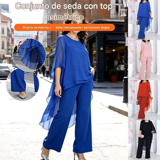 🌸✨【Top + Pantalones】Nuevo conjunto casual de gasa de color liso y corte holgado para mujer, colección 2026