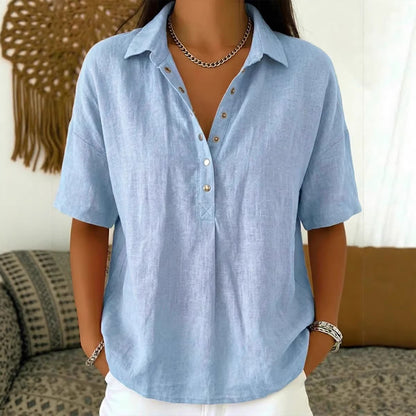 ⏳ Poslední den, sleva 50 %! ✨【S-3XL】Dámská bavlněná a lněná košile s krátkým rukávem, úzký střih, všestranná, prodyšná, pohodlná a bezstarostná.