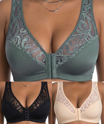 💖¡Precio mínimo histórico! 【Conjunto de 3 piezas】 【Tallas L-4XL】 😍🩲 Sujetador push-up para tallas grandes: hermoso encaje, diseño con efecto realce y copas, cierre frontal.