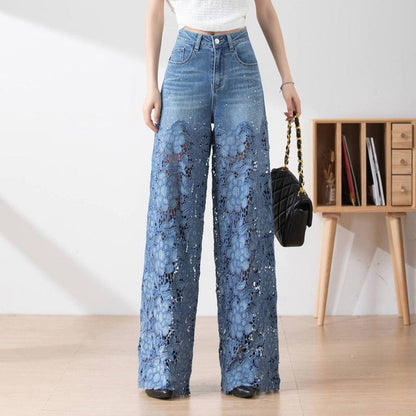 🔥 Pantalones vaqueros azules de talle alto y pierna ancha con costuras de encaje [40 kg-120 kg]