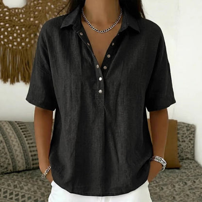 ⏳ Poslední den, sleva 50 %! ✨【S-3XL】Dámská bavlněná a lněná košile s krátkým rukávem, úzký střih, všestranná, prodyšná, pohodlná a bezstarostná.