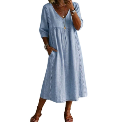 ✅ 【Oferta por tiempo limitado: Tallas S–3XL】 Vestido casual de lino y algodón, de corte holgado y cuello en V, con detalles de encaje.