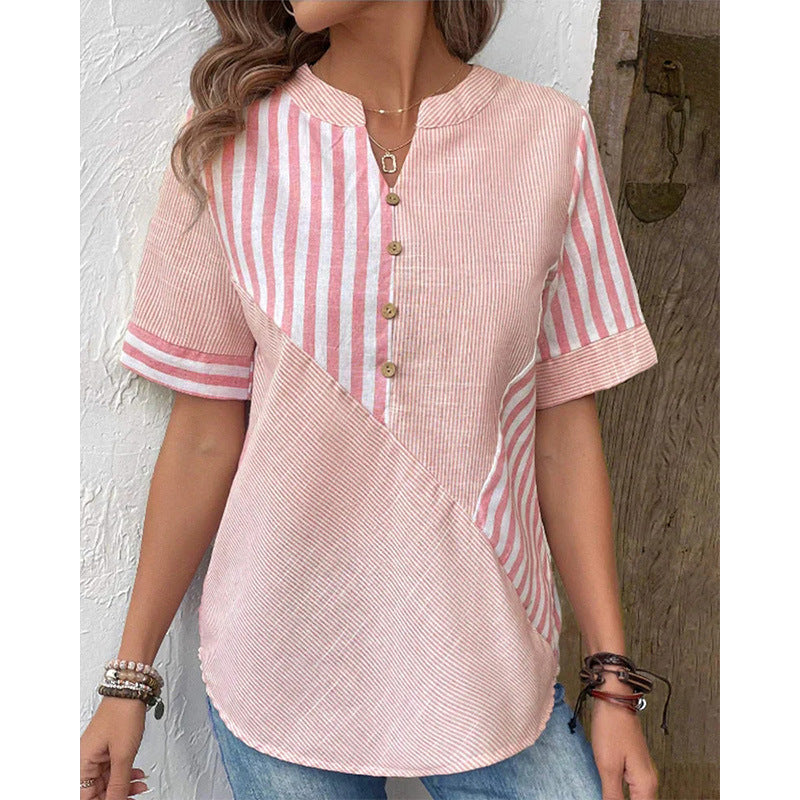 👚💗Dámská košile s výstřihem do V a zapínáním na knoflíky z roku 2026 — Asymetrická pruhovaná halenka z bavlny a lnu s patchworkovým vzorem.