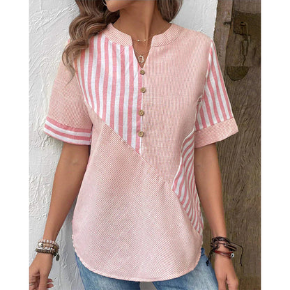 👚💗Dámská košile s výstřihem do V a zapínáním na knoflíky z roku 2026 — Asymetrická pruhovaná halenka z bavlny a lnu s patchworkovým vzorem.