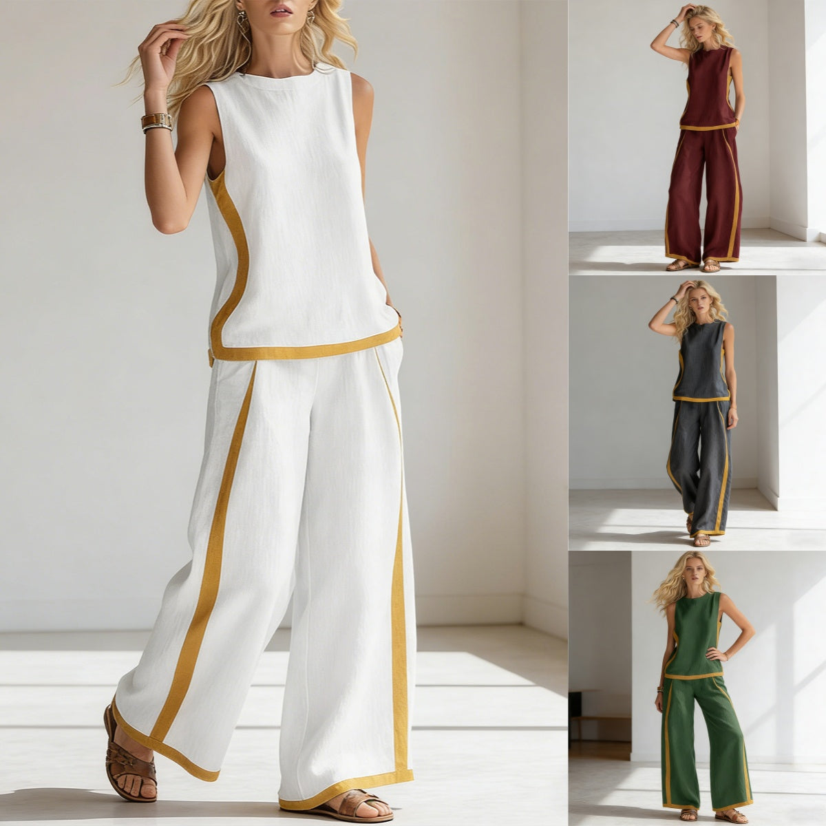 🔥 ¡Nueva llegada de verano! 😍 2026 Nuevo conjunto moderno de dos piezas para mujer: top sin mangas con detalles en contraste y pantalones de pierna ancha - Estilo veraniego, casual y chic.
