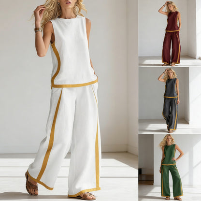 🔥 ¡Nueva llegada de verano! 😍 2026 Nuevo conjunto moderno de dos piezas para mujer: top sin mangas con detalles en contraste y pantalones de pierna ancha - Estilo veraniego, casual y chic.