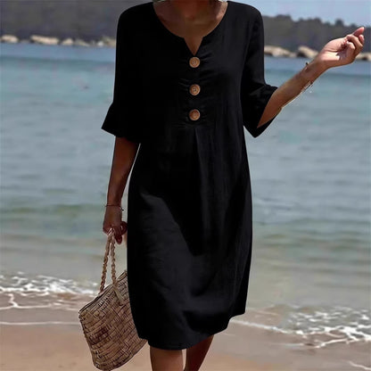 🏖️👗【S-3XL】Ženska obleka iz bombaža in lana z napihnjenimi rokavi in gumbi