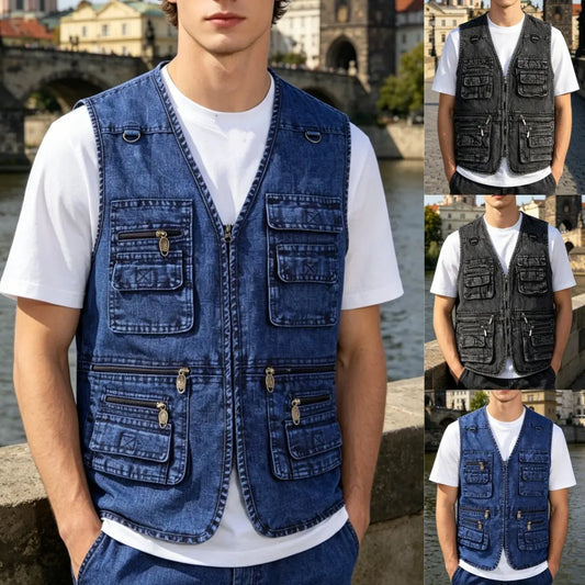 ⏳ Nová kolekce -50% 🔥【XL-7XL】Nová pánská džínová vesta s více kapsami - Odolné, prodyšné a pohodlné