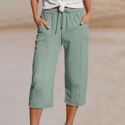 🌸Pantalones cropped plisados de color sólido para mujer, de algodón y lino