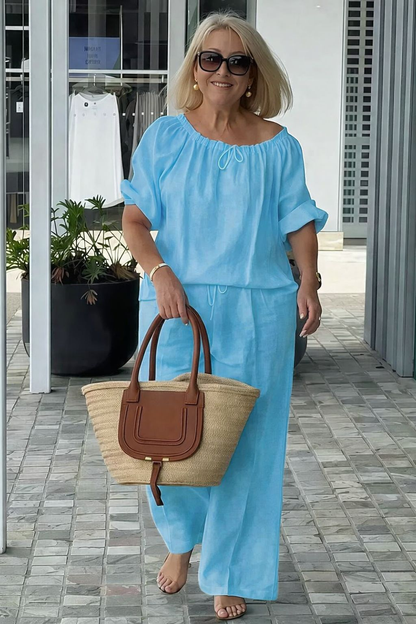 👑💃Conjunto de Verano 2026 – Algodón y Lino de Corte Holgado 【Blusa de Cuello Redondo con Cordón + Pantalones】