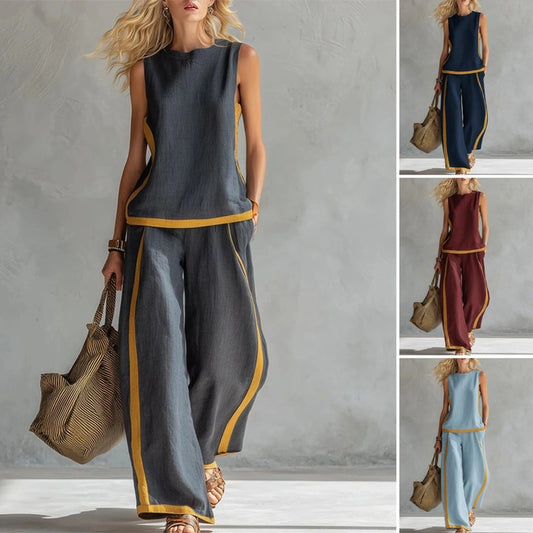 🔥 ¡Nueva llegada de verano! 😍 2026 Nuevo conjunto moderno de dos piezas para mujer: top sin mangas con detalles en contraste y pantalones de pierna ancha - Estilo veraniego, casual y chic.
