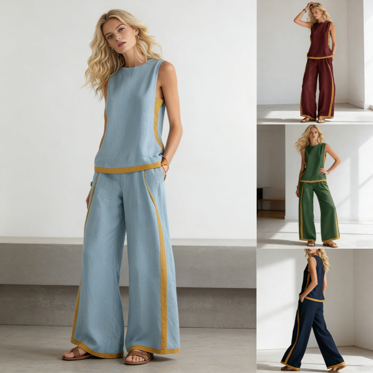 🔥 ¡Nueva llegada de verano! 😍 2026 Nuevo conjunto moderno de dos piezas para mujer: top sin mangas con detalles en contraste y pantalones de pierna ancha - Estilo veraniego, casual y chic.