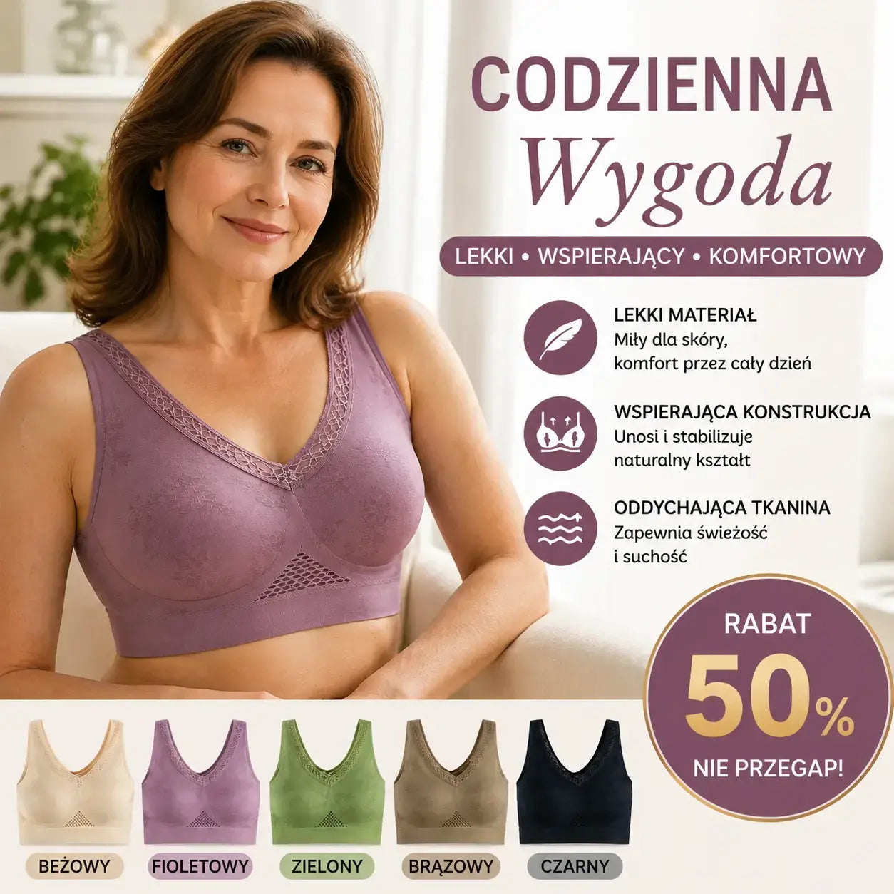 🔥👙【40-120 kg】【Zestaw 3 sztuk】✨ Biustonosz koronkowy bez fiszbin z wysokim wsparciem dla kobiet