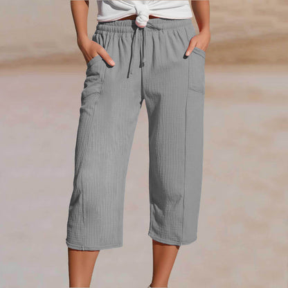 🌸Dámské jednobarevné skládané zkrácené kalhoty z bavlny a lnu