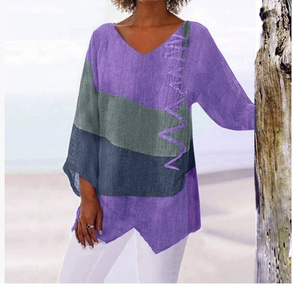 ⏳ Poslední den – sleva 50 % 😍【S~5XL】Dámský elegantní ležérní top s výstřihem do V a dlouhým rukávem, uměleckým vzorem a potiskem