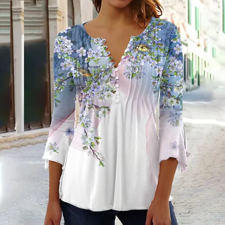 🌸✨【S-5XL】🌺Top con cuello en V y mangas florales, estilo delicado y romántico