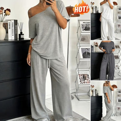 【S-5XL】Set 2026 Elegantní tričko s krátkým rukávem, odhalenými rameny + volné kalhoty se stahovací šňůrkou a široké boty 😍 Nezbytný kousek na léto!