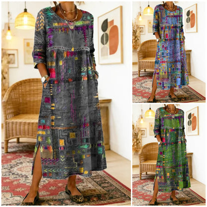 ✨ Zadnji dan 50% popusta!【S-5XL】Poletna retro obleka z okroglim izrezom in potiskom, lahka in zračna, oprijeta in enostavna za kombiniranje.