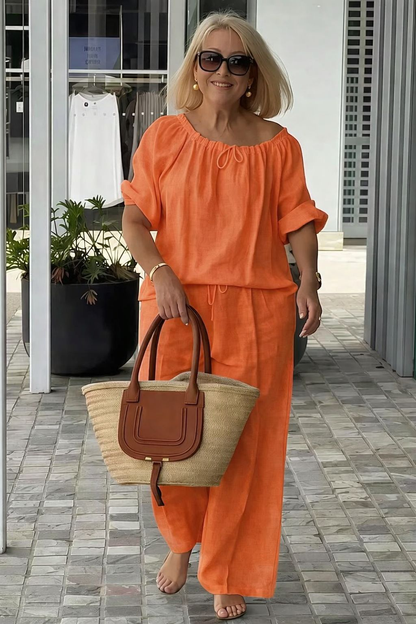 👑💃Conjunto de Verano 2026 – Algodón y Lino de Corte Holgado 【Blusa de Cuello Redondo con Cordón + Pantalones】