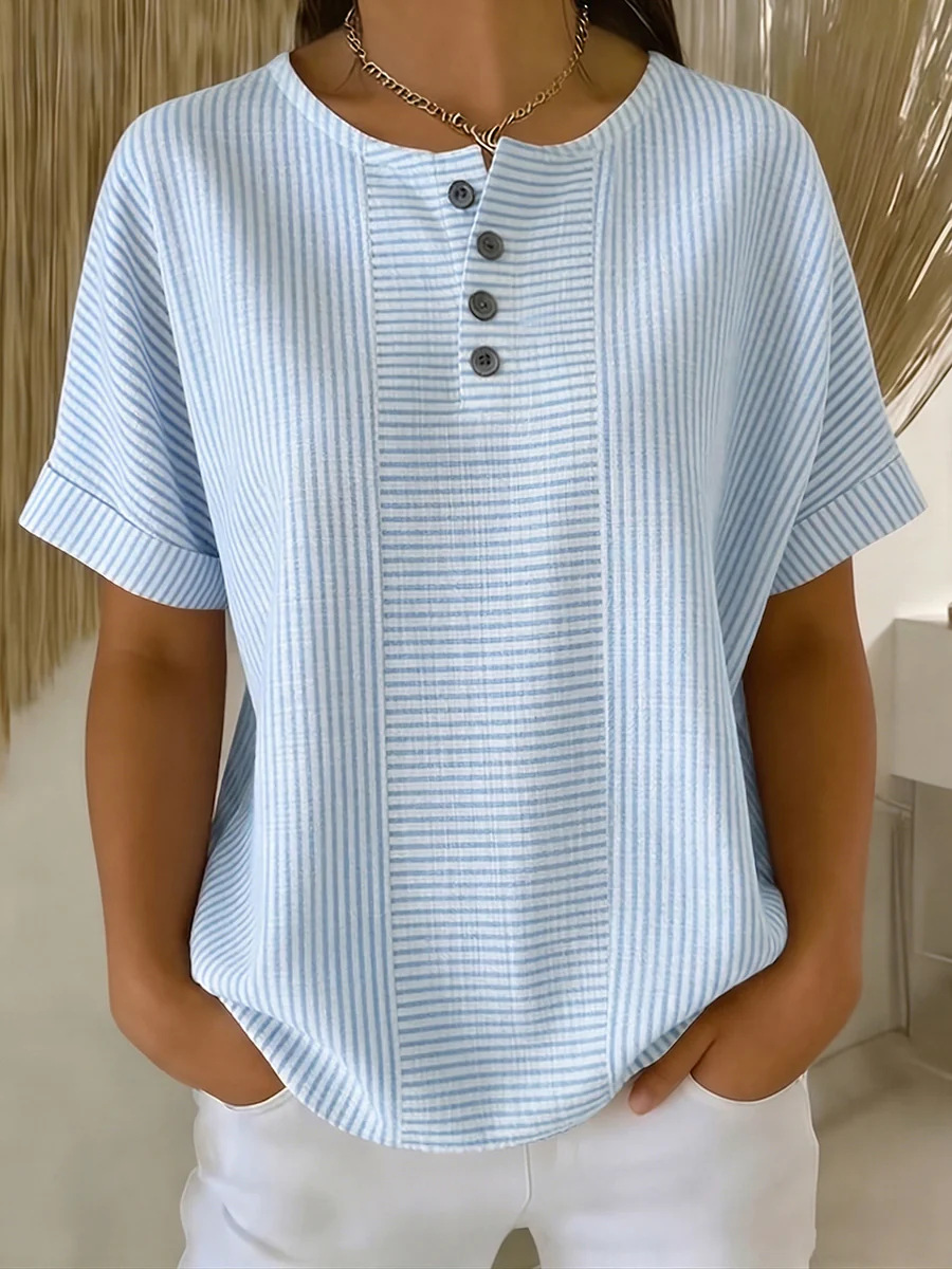 💐【S-3XL】Camisa de rayas de algodón y lino, adecuada para todo tipo de cuerpo, pago contra entrega.