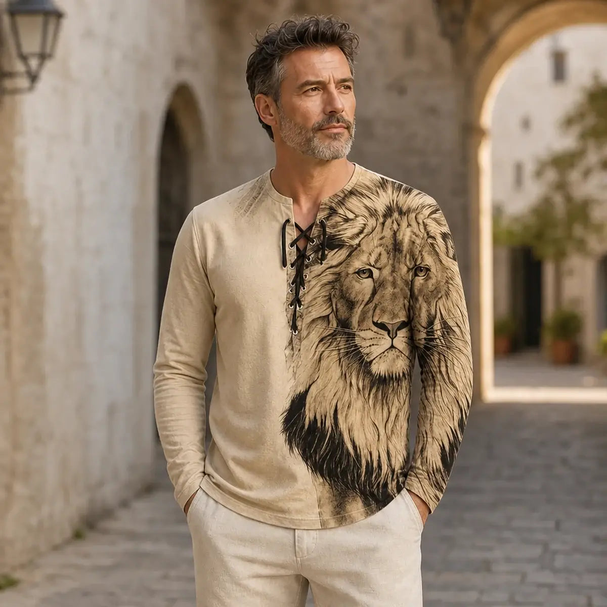 🦁🦁🦁Męski, swobodny T-shirt z długim rękawem i nadrukiem 3D