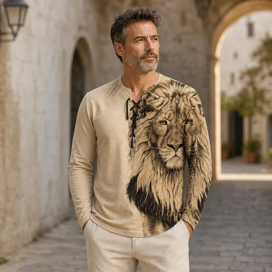 🦁🦁🦁Męski, swobodny T-shirt z długim rękawem i nadrukiem 3D